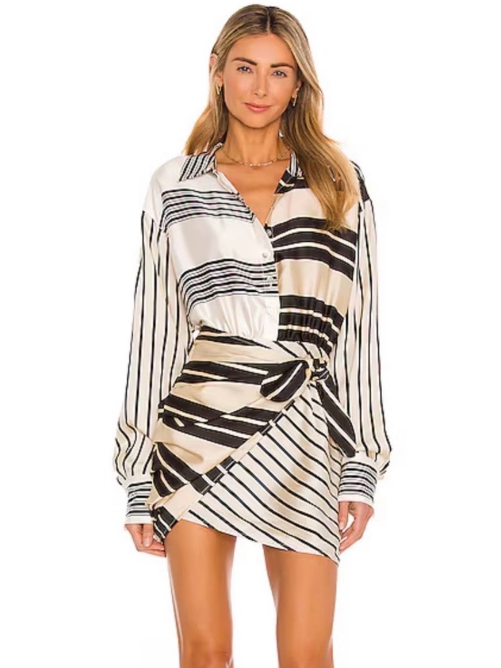 NWOT L'Academie Black and Cream Striped Wrap Mini Dress